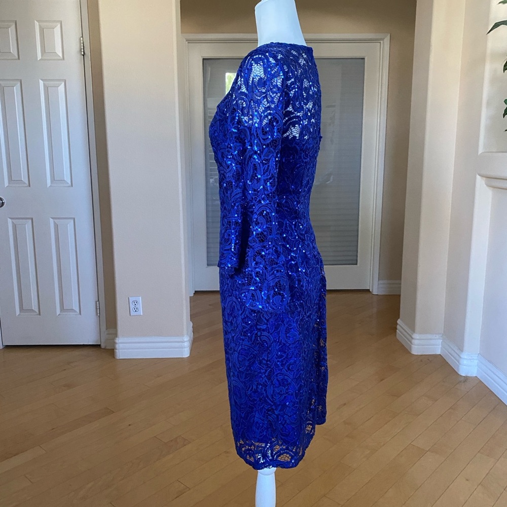 Sequined Royal Blue Stretch Lace Dress - Picture 2 of 8